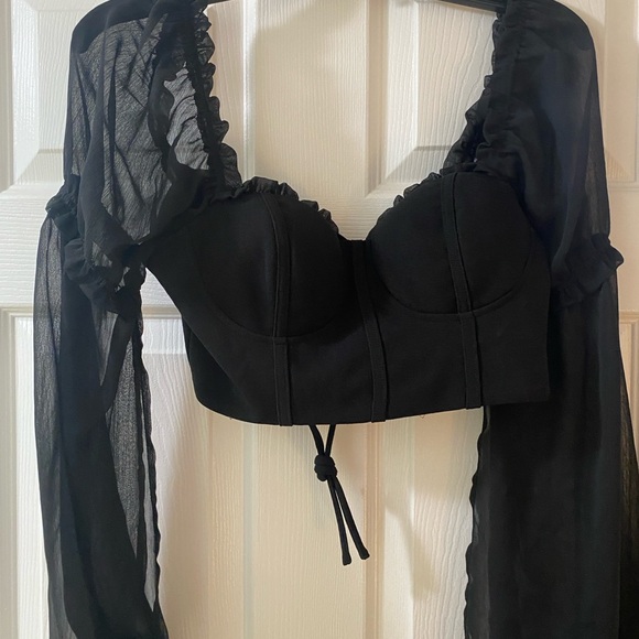 boho bohemian black feminine puff flowy sleeve corset style top sheer lace tie - Picture 6 of 7